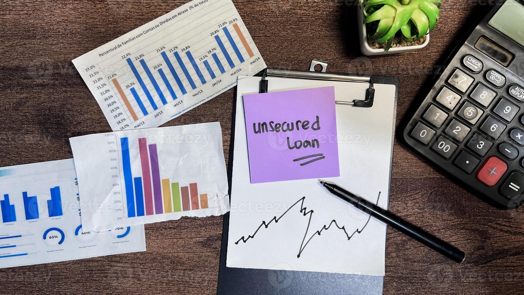 Concept of Unsecured Loan write on sticky notes isolated on Wooden Table. photo