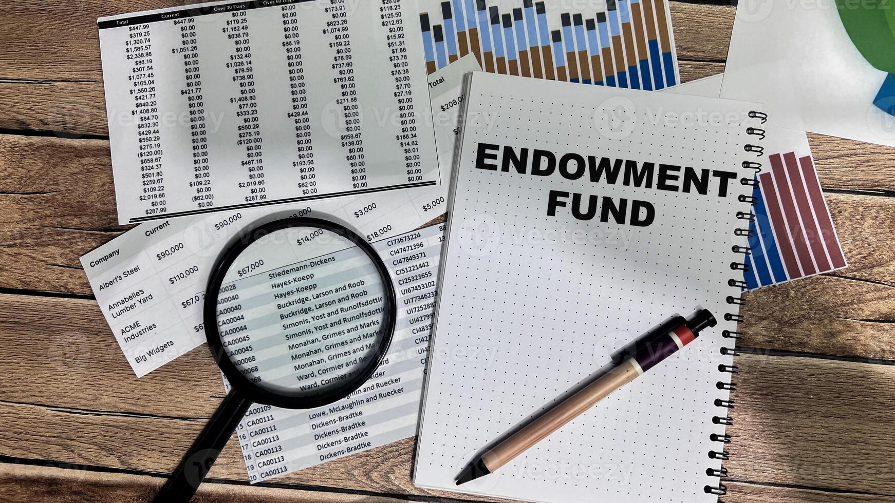 Concept of Endowment Fund write on book isolated on Wooden Table. photo