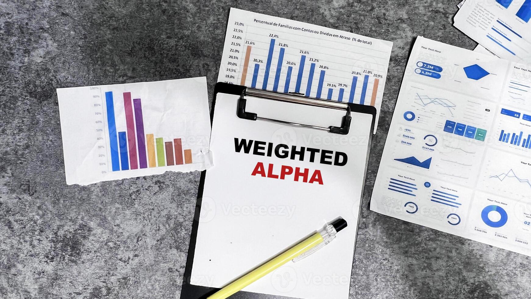 Concept of Weighted Alpha write on paperwork isolated on Wooden Table. photo