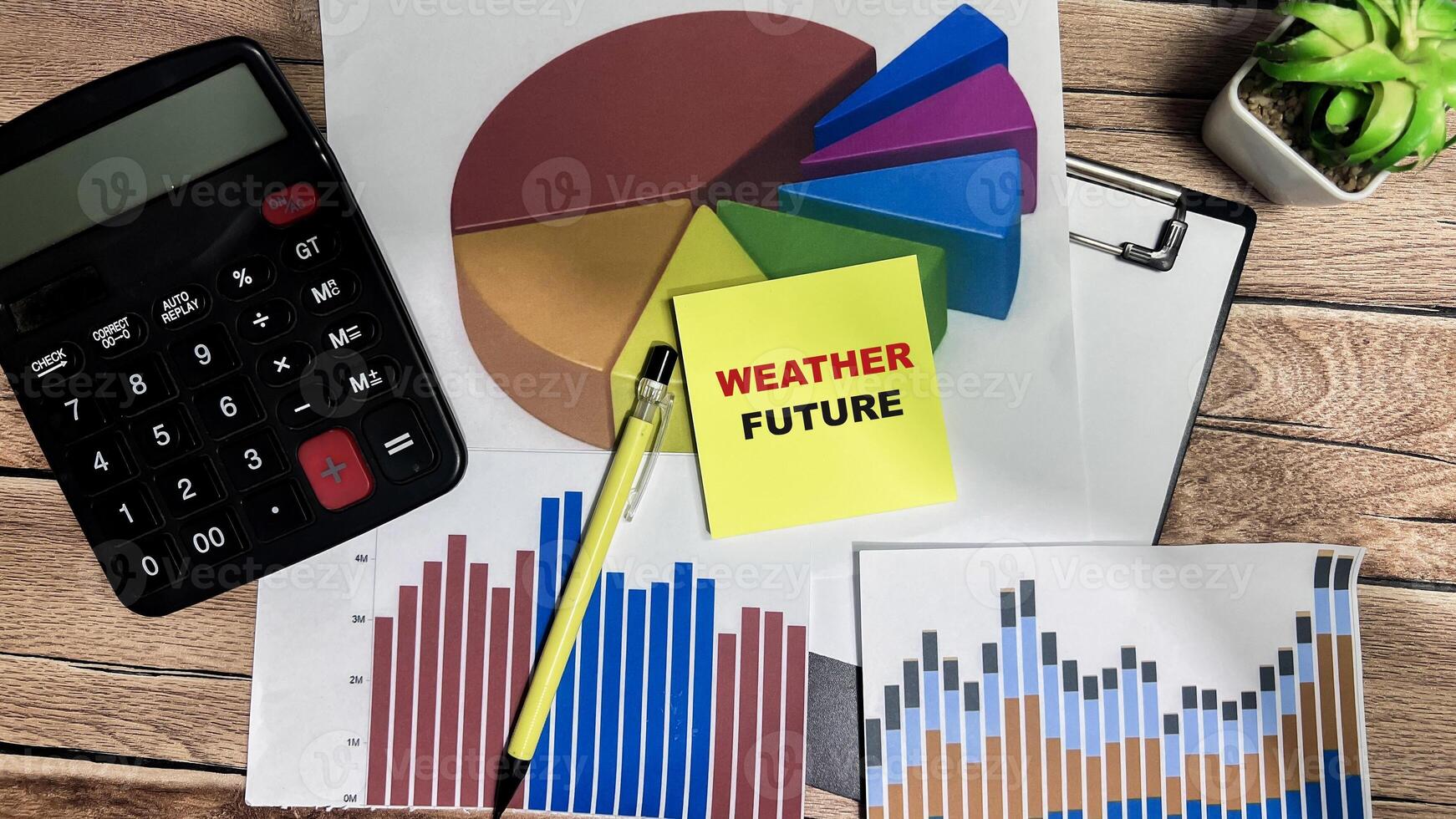 Concept of Weather Future write on sticky notes isolated on Wooden Table. photo