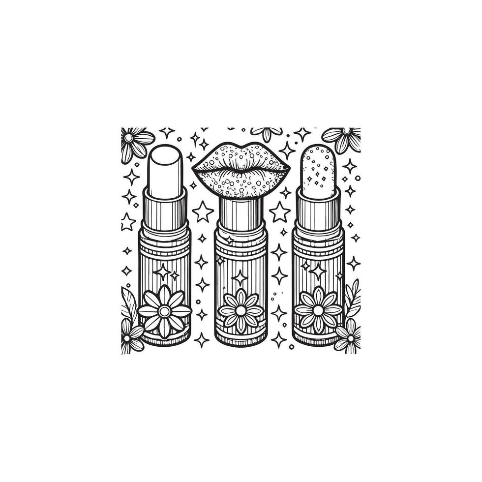 A coloring page with three bottles and a lip gloss vector