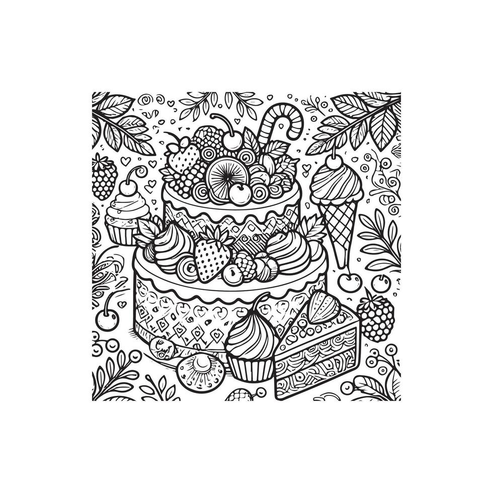 A coloring page with a cake and fruit vector