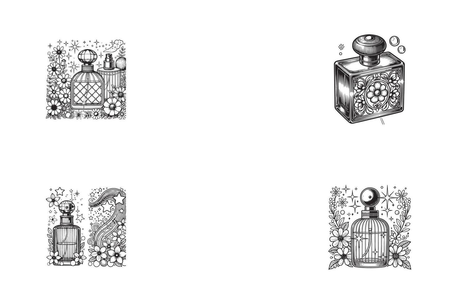 A set of four black and white drawings of perfume bottles vector