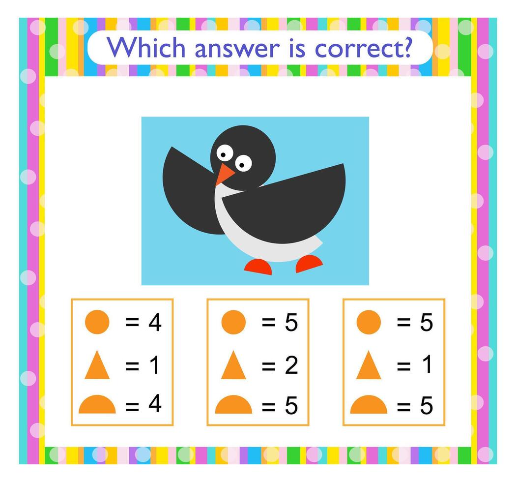 Math activity for kids. Need to find the correct answer. Cartoon penguin. vector