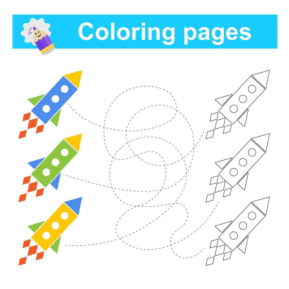 Educational game for children. Go through the maze and color the cartoon rocket according to the pattern. vector