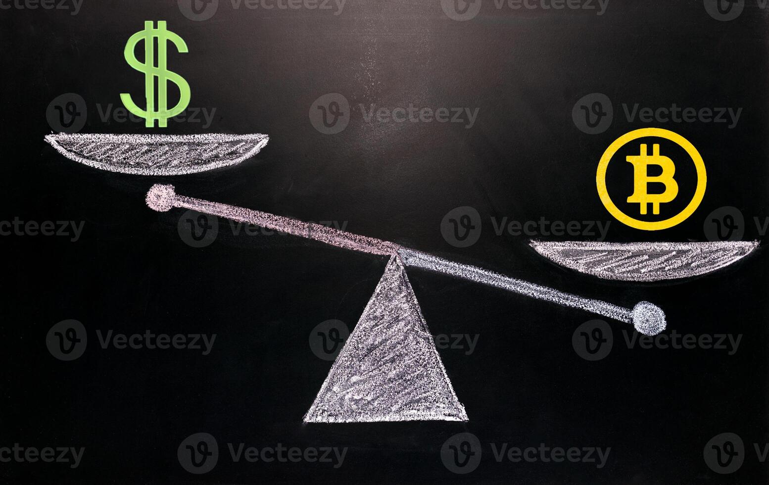 abstraction of exchange rates Bitcoin and USD, on the scales are logos of bitcoin and USD, Cryptocurrency Bitcoin vs. US Dollar photo