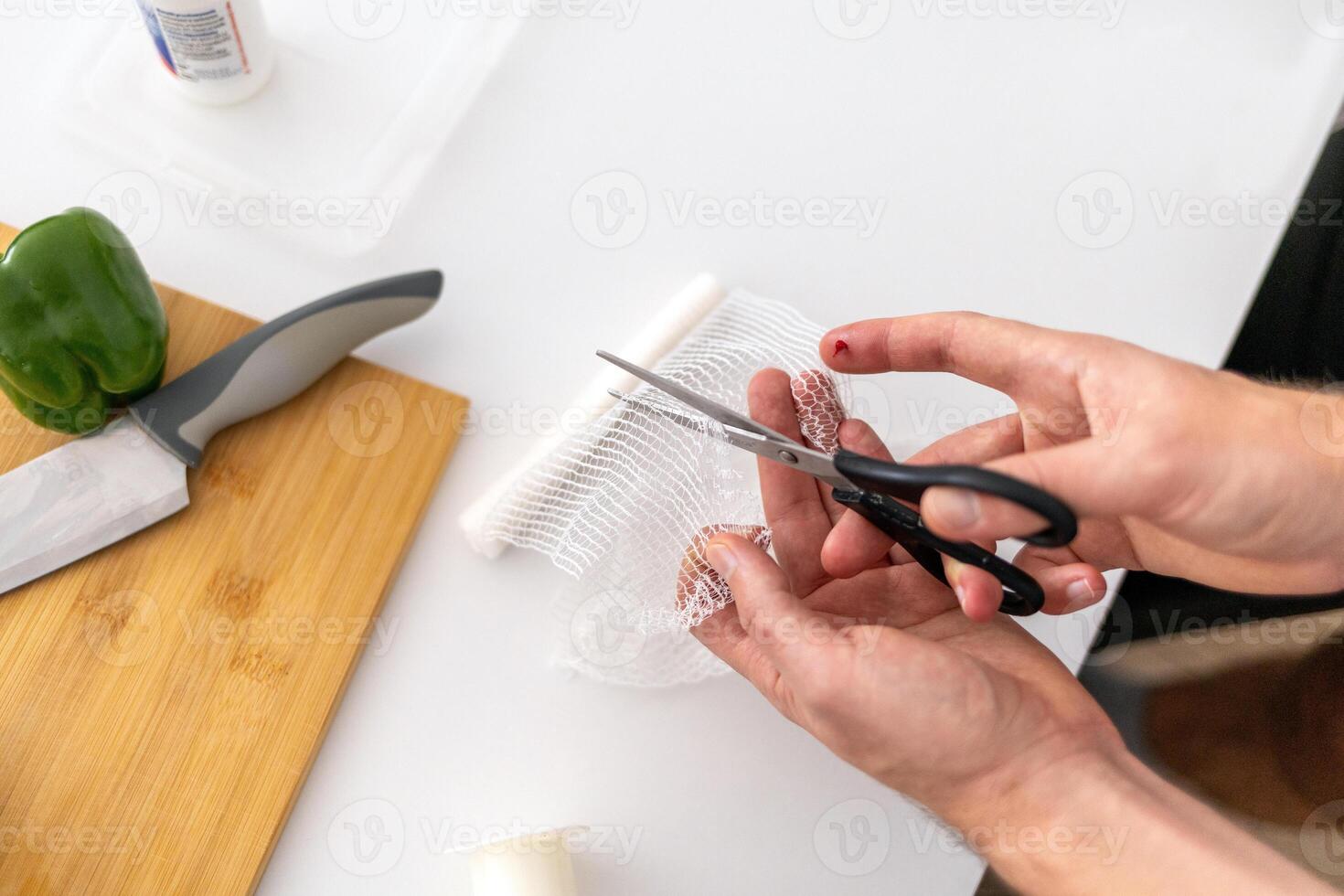 concept of first aid for cuts and injuries. wound treatment and dressing photo