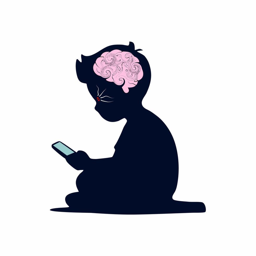Child mobile phone addiction, brain rot in early age concept vector