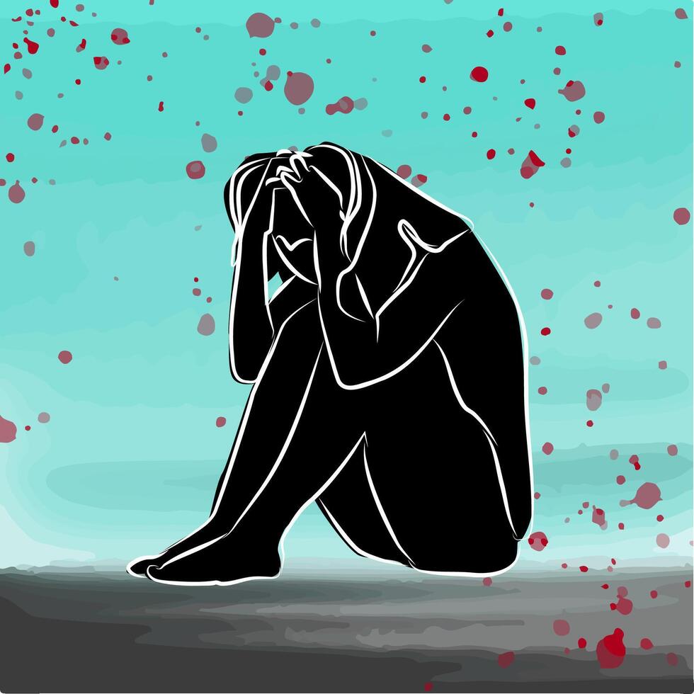 Silhouette illustration of a woman in a dramatic and confused pose, depicting sadness with blood splatter, ideal for book covers, movie posters, social awareness campaign materials, or digital art. vector