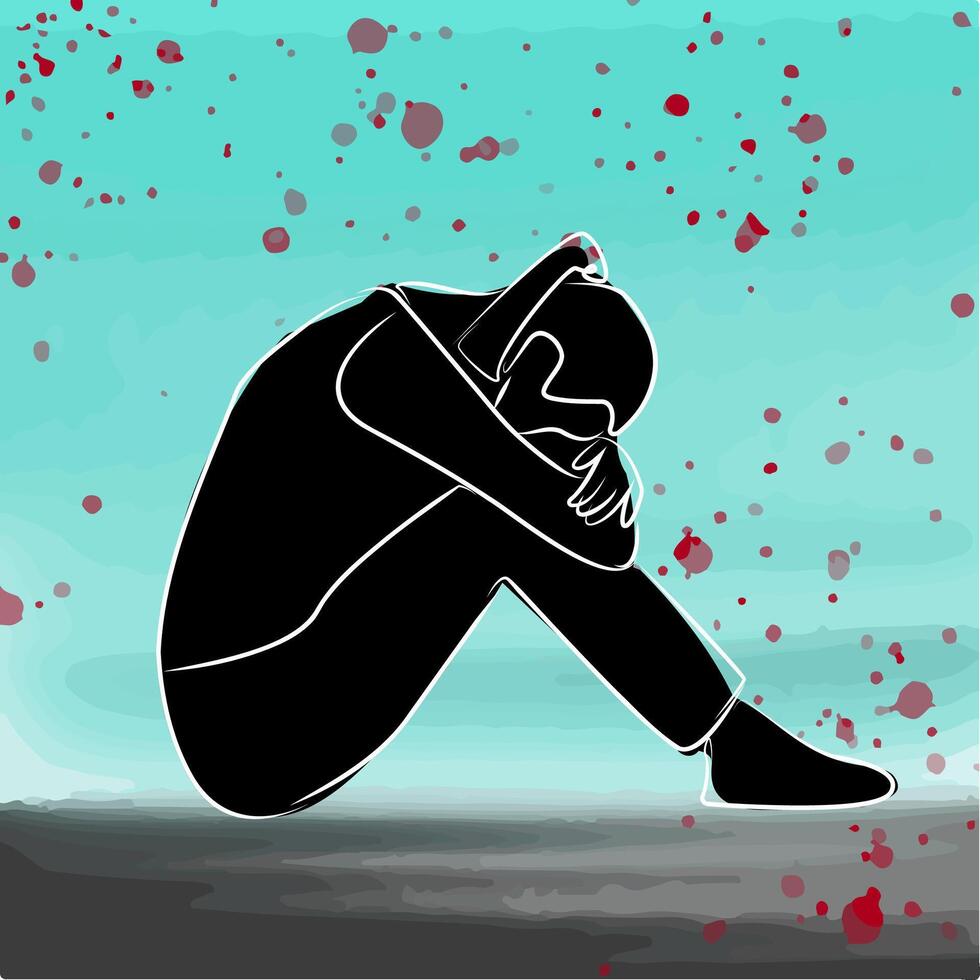 Silhouette illustration of a woman in a melancholic pose, depicting sadness with dramatic nuances, blood splatter, book cover, movie poster, social awareness campaign material, or digital art vector