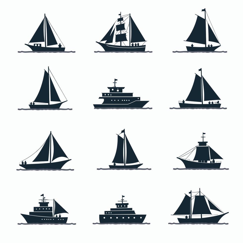 A set of different types of ships on a white background vector