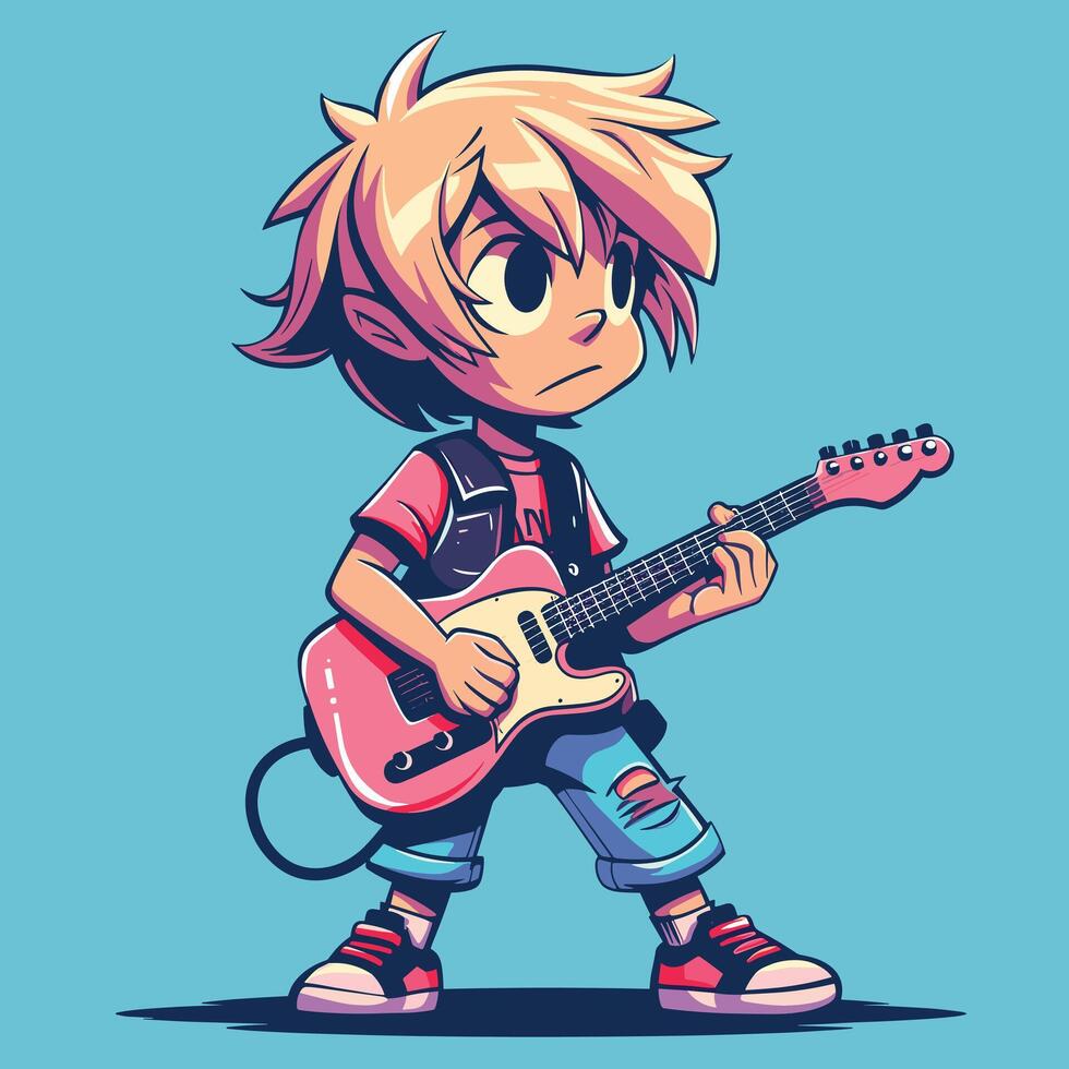 Animated boy with blonde hair playing an electric guitar in a dynamic pose. vector