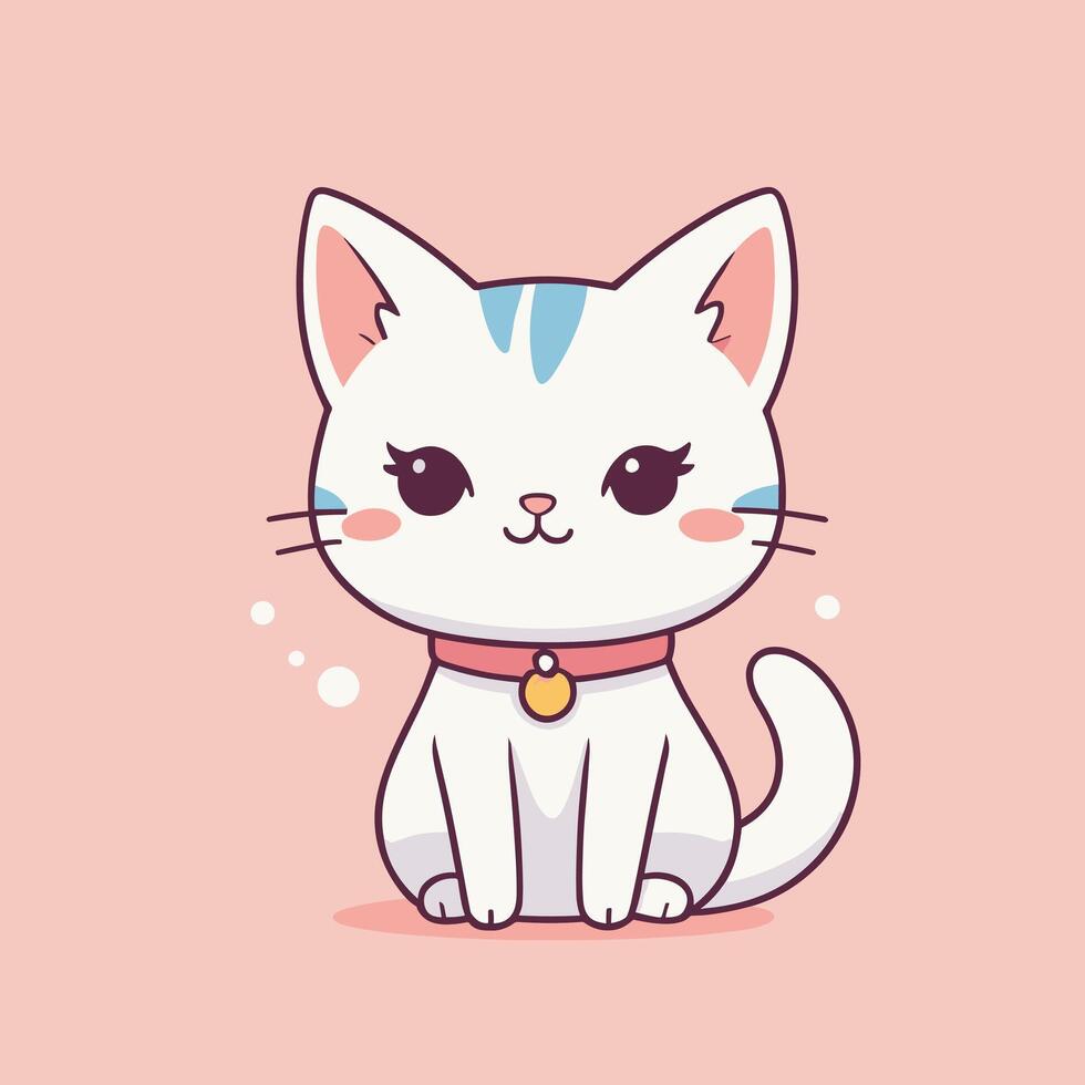 A cute white cat with blue eyes and pink collar vector