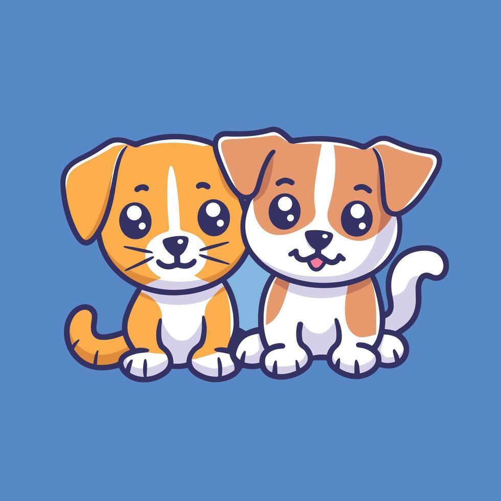 Adorable cartoon puppies with big eyes sitting together on a blue background. vector