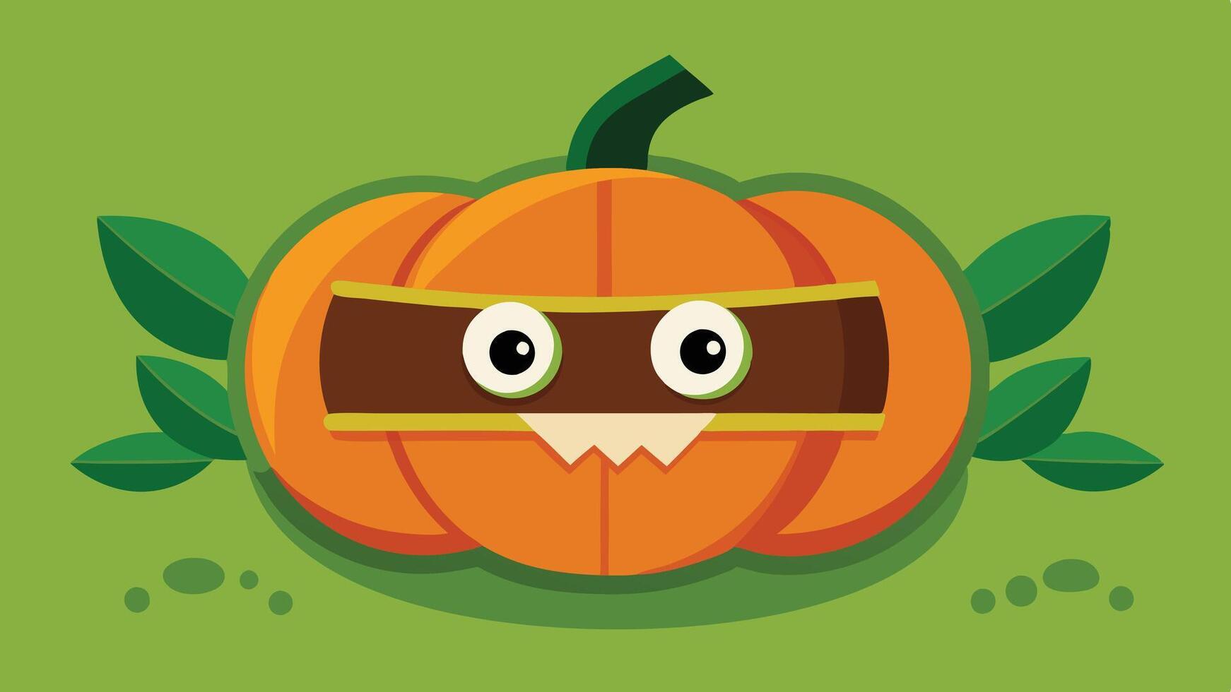 A whimsical illustration of a pumpkin with a cartoonish face surrounded by autumn leaves on a soft green background, perfect for celebrating the fall season vector