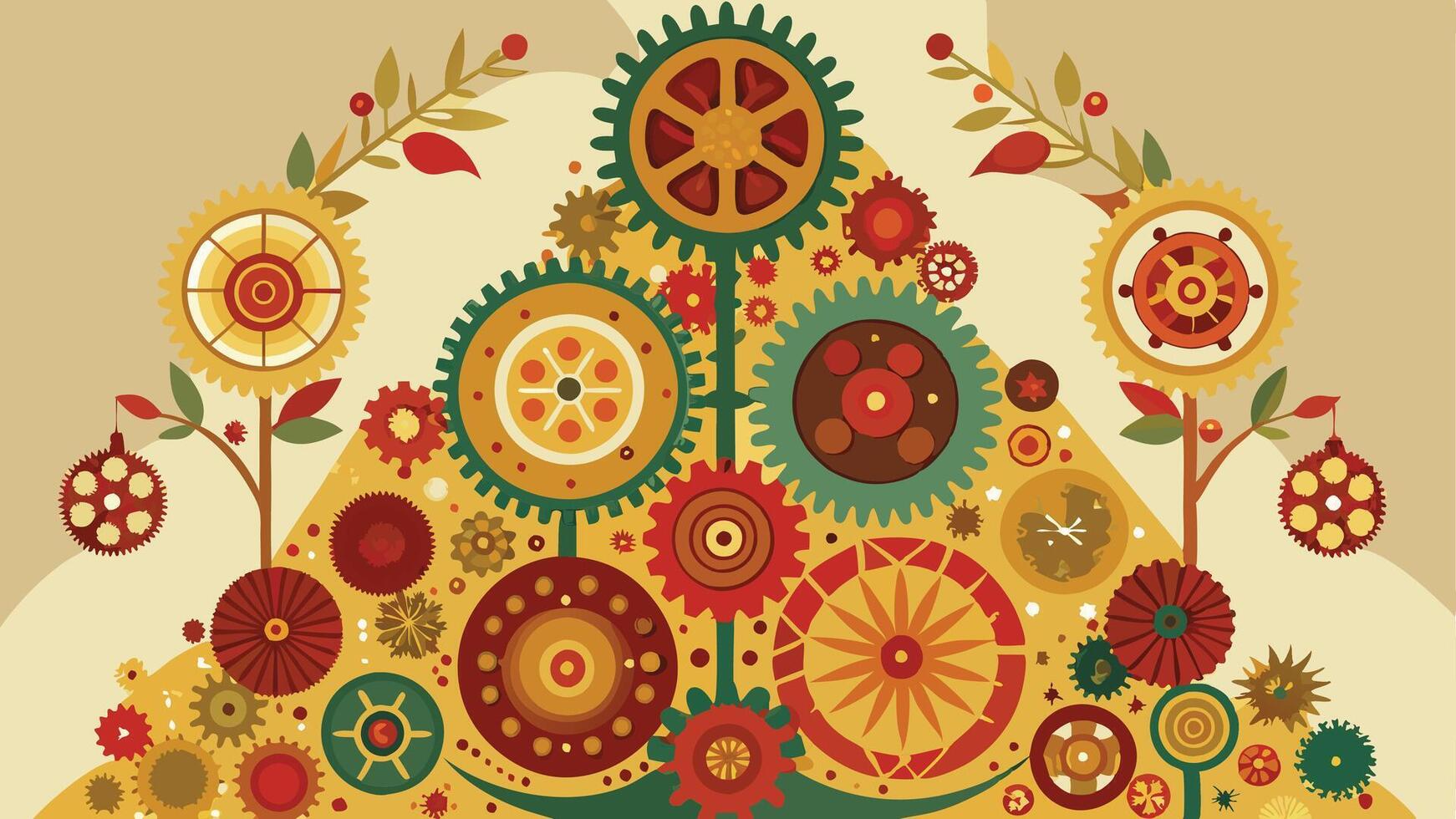 Colorful display of interlocking gears and cogs with autumn leaves, showcasing intricate mechanisms in a decorative arrangement vector