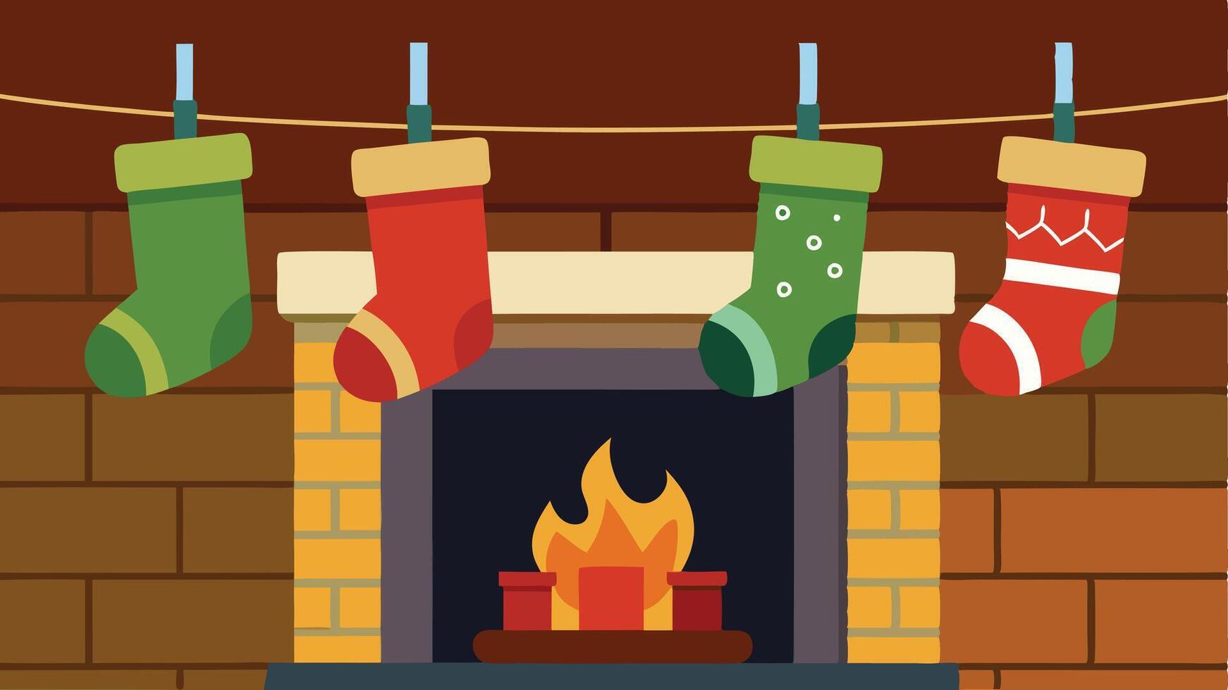 Decorative Christmas stockings hanging on a clothesline above a cozy fireplace with a warm fire burning in a brick setting during the holiday season vector