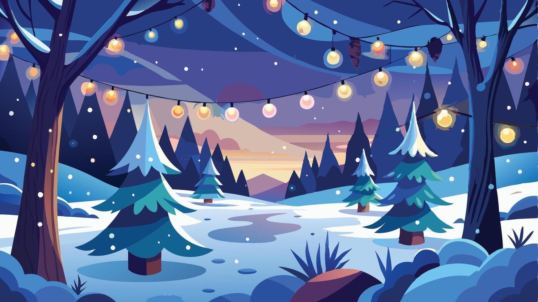 A serene winter landscape with snow-covered trees and glowing lights strung across branches during dusk in a quiet forest setting vector