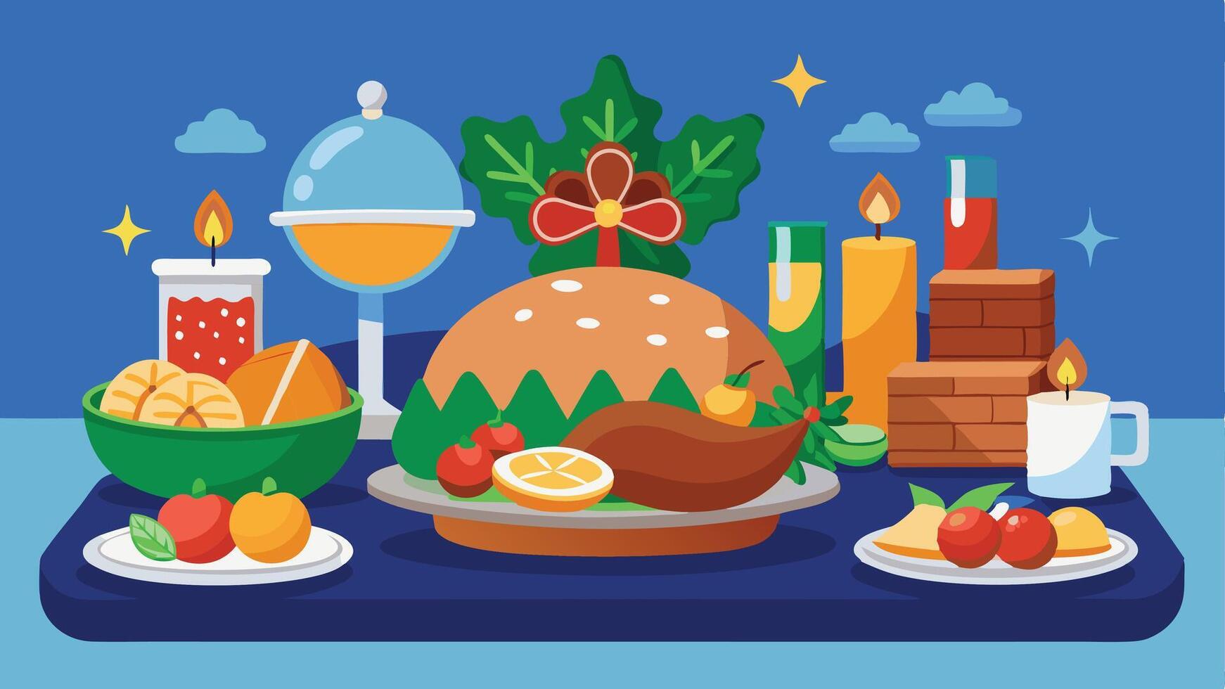 A festive table display featuring a large roasted turkey with assorted fruits, decorative candles, and seasonal decor set up for a holiday celebration in a cheerful atmosphere vector