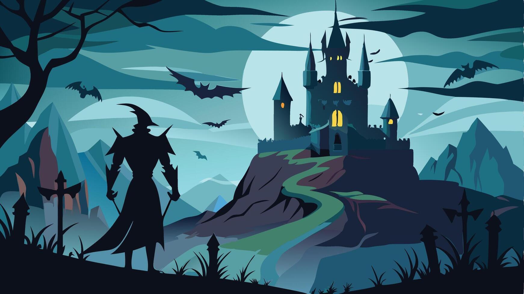 A mysterious figure stands silhouetted against a full moon, overlooking a haunted castle surrounded by bats and dark mountains at night vector