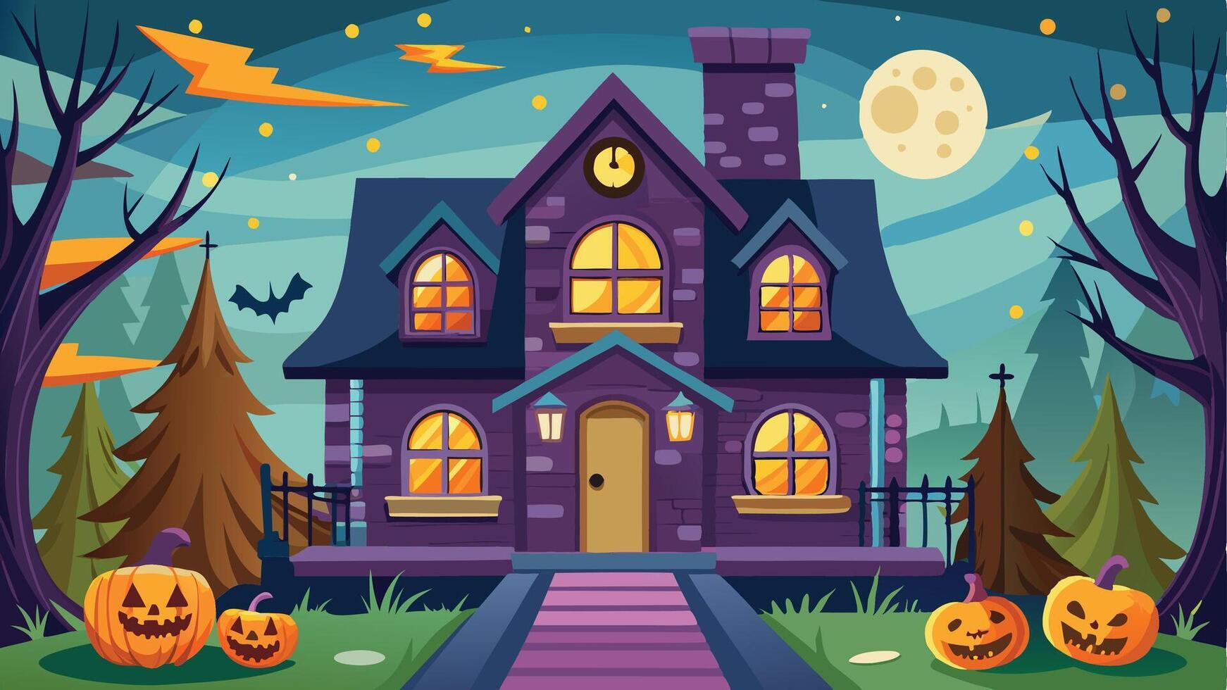 A spooky purple house surrounded by pumpkins under a full moon in a twilight landscape, perfect for Halloween festivities and autumn evenings vector