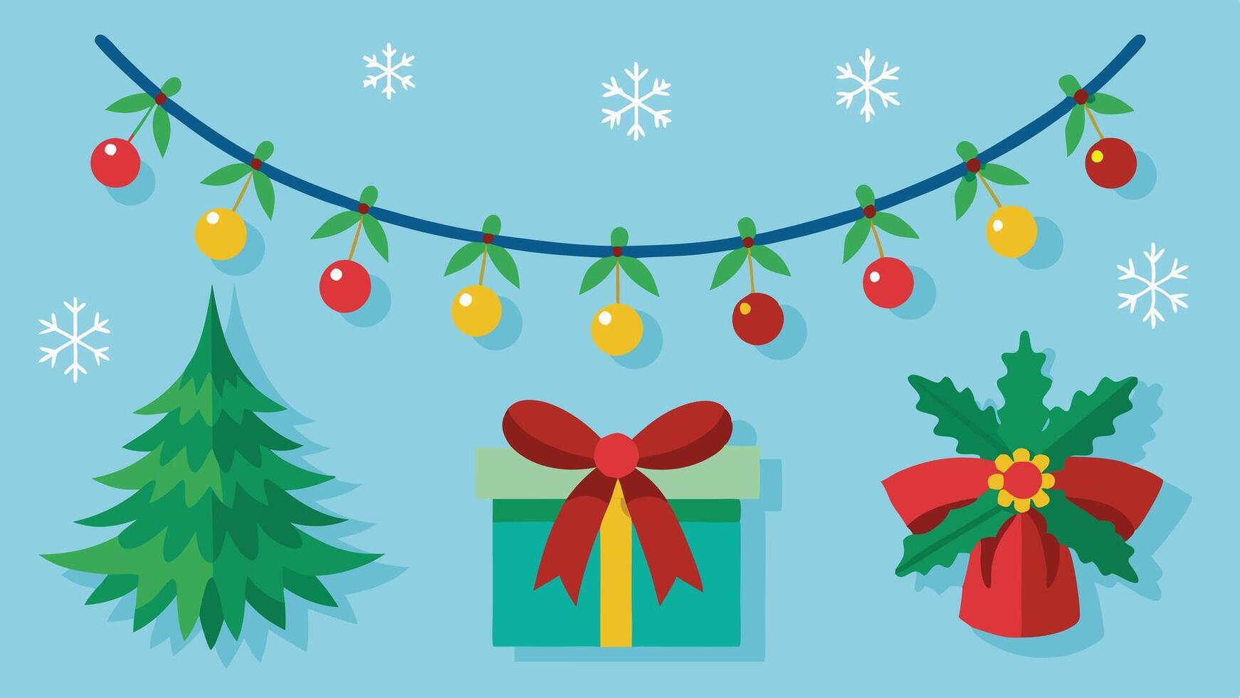 A festive holiday arrangement featuring a decorated Christmas tree, a gift box with a red bow, and garlands adorned with colorful ornaments and snowflakes against a blue backdrop vector