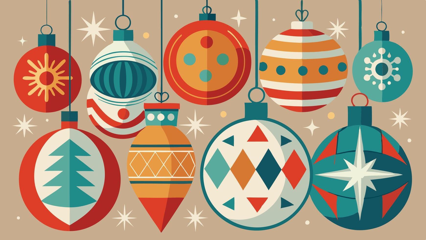 Colorful and festive Christmas ornaments displayed in a cheerful arrangement, showcasing various shapes and vibrant designs during the holiday season vector