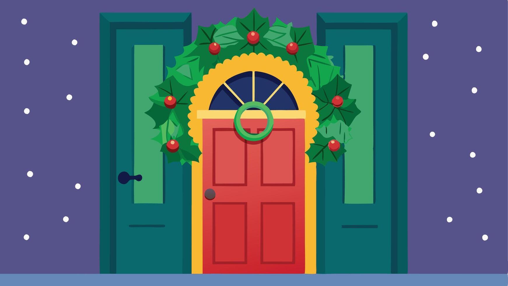 A festive holiday door adorned with a colorful wreath, surrounded by snowflakes, capturing the warmth of winter decoration in a cozy home vector