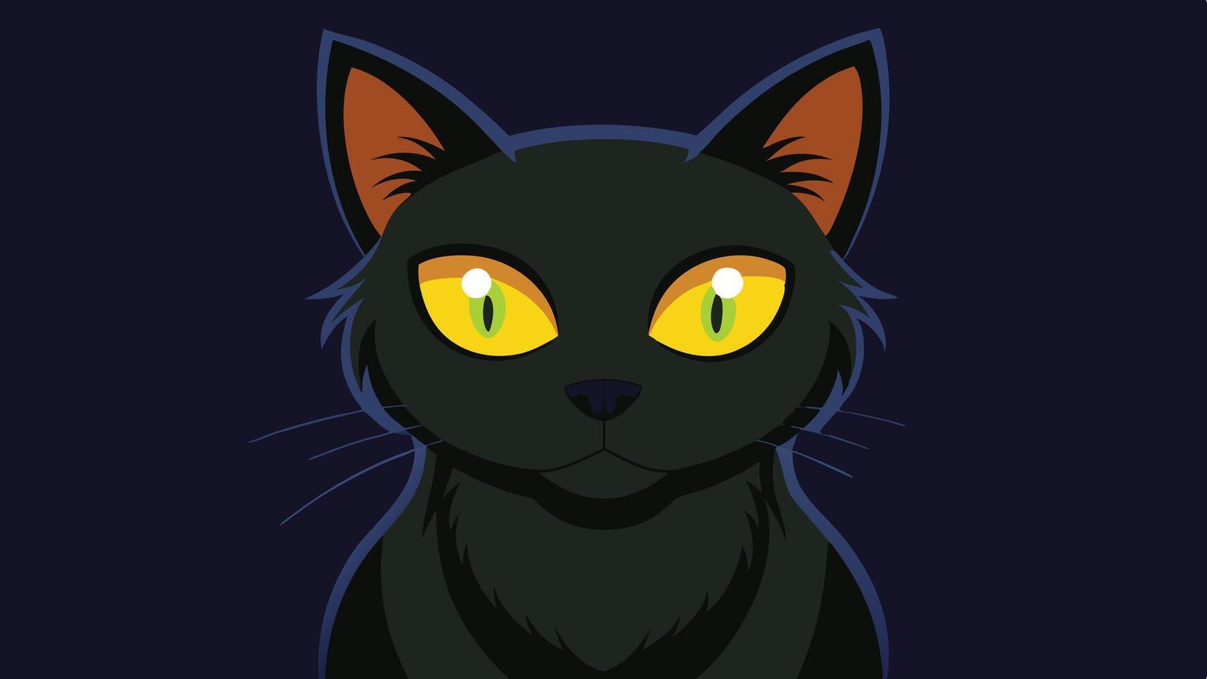 A cartoon-style black cat with striking green eyes standing on a dark green background, showcasing its playful and mysterious nature during a whimsical illustration vector