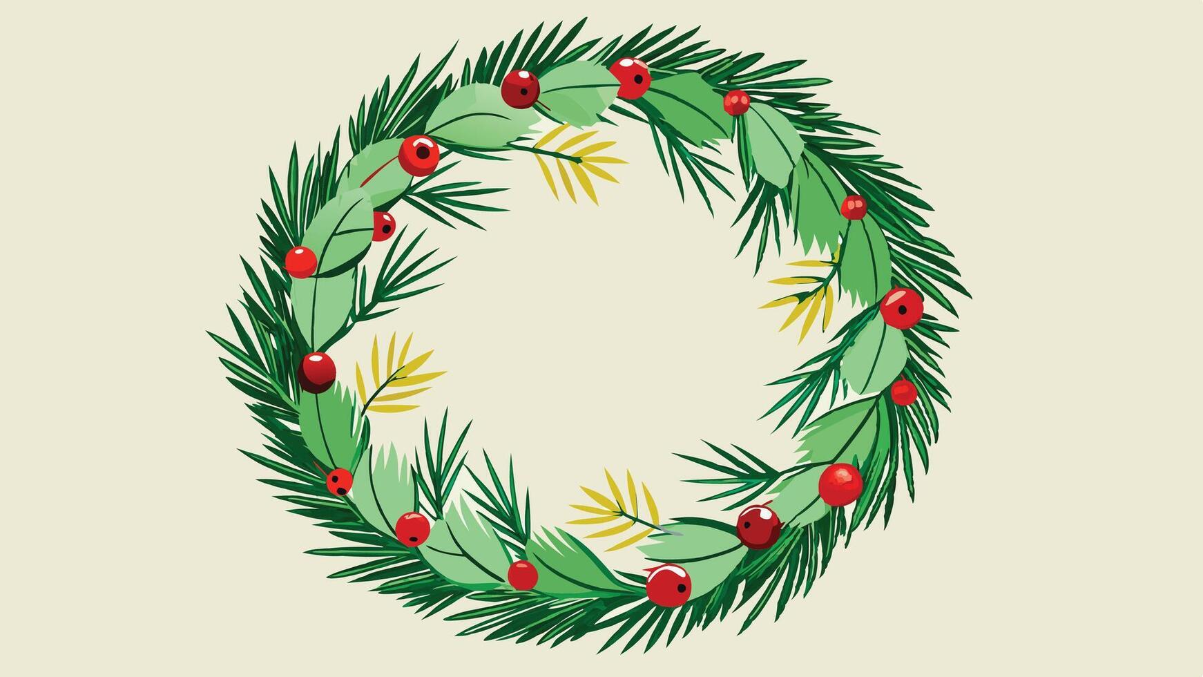 Colorful festive wreath made of green foliage, red berries, and yellow accents, perfect for holiday decoration or seasonal festivities vector