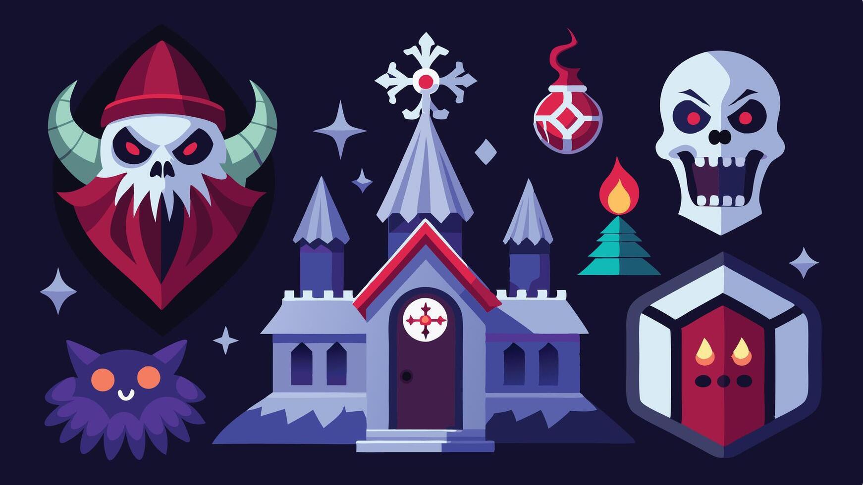 A collection of spooky and festive illustrations featuring a haunted castle, Christmas decorations, and eerie characters against a dark background, perfect for Halloween and winter celebrations vector