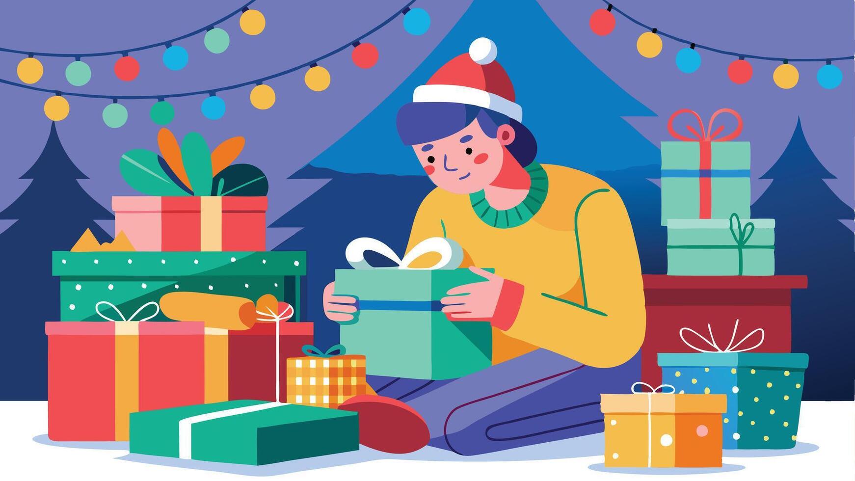 A cheerful person in a Santa hat is sitting among colorful wrapped gifts, preparing to unwrap a present surrounded by a festive holiday atmosphere at night vector
