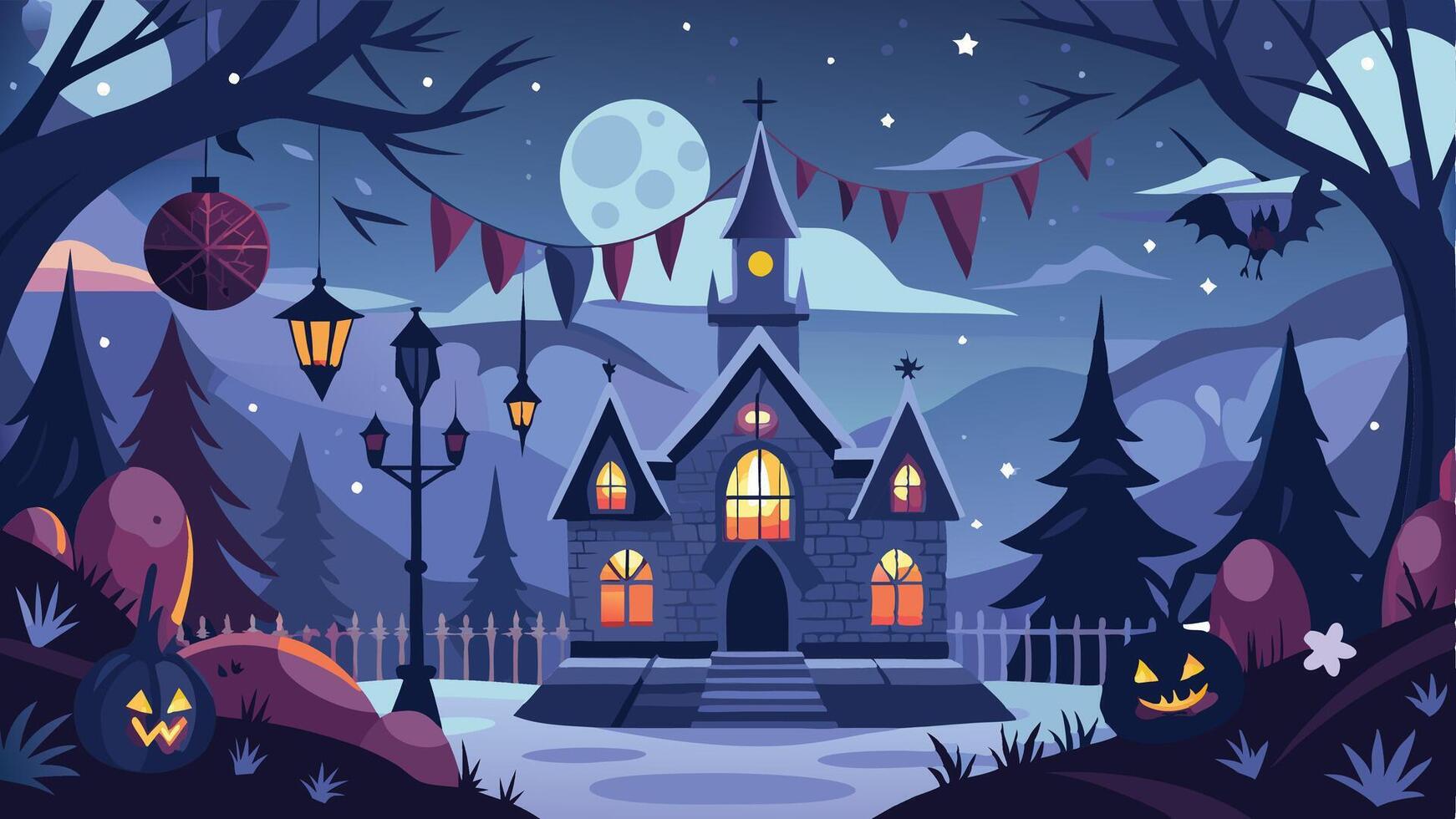 A spooky Halloween night scene featuring a dark castle illuminated by glowing windows, surrounded by pumpkins, trees, and festive decorations under a full moon vector
