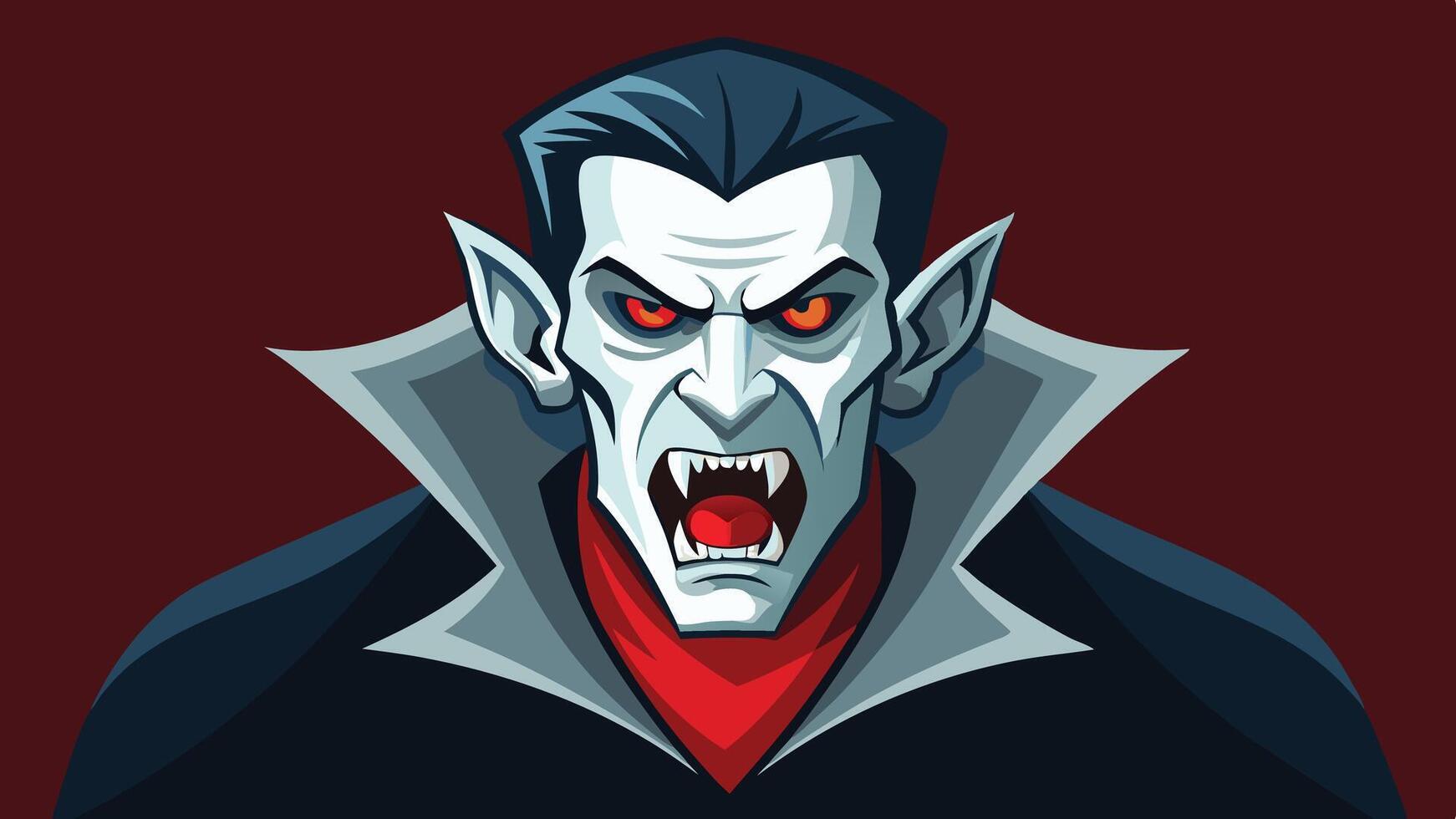 A classic cartoon vampire character with fangs and red eyes, set against a dark red background, capturing the essence of Halloween and spooky themes in animation vector