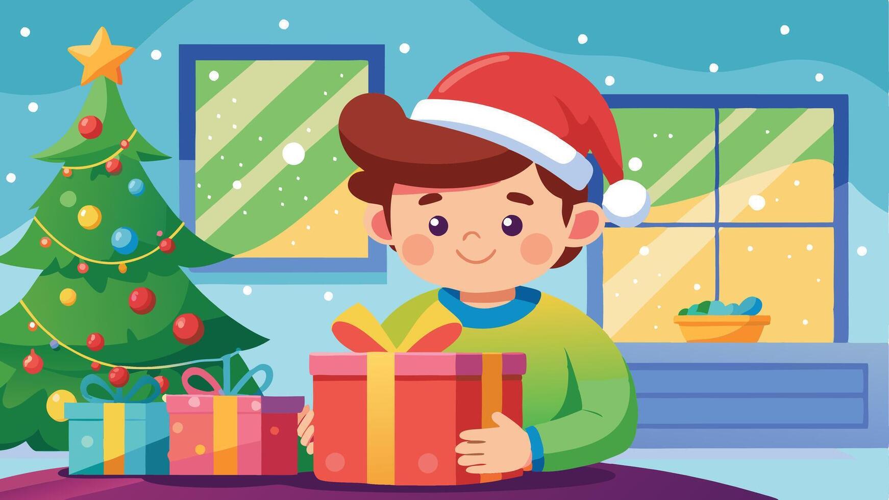 A cheerful child wearing a Santa hat sits with a gift in front of a decorated Christmas tree in a cozy room filled with holiday spirit on a snowy day vector
