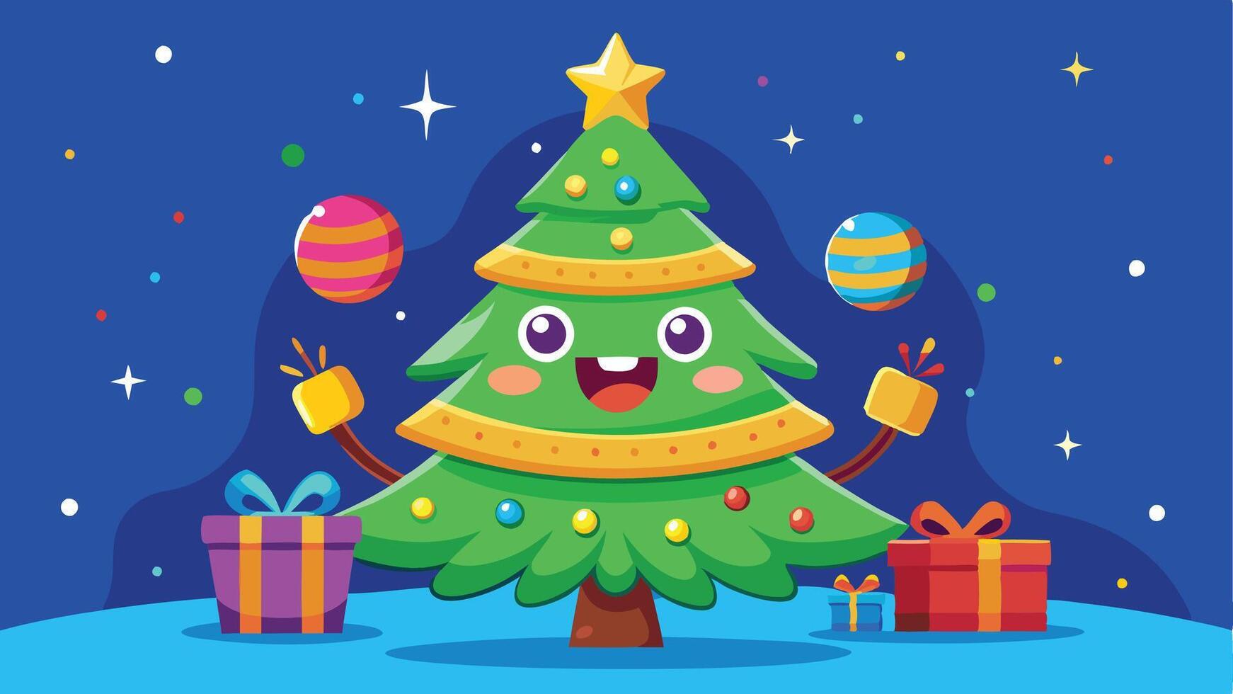 A cheerful cartoon Christmas tree decorated with colorful ornaments and gifts, celebrating the festive holiday spirit in a vibrant winter setting vector