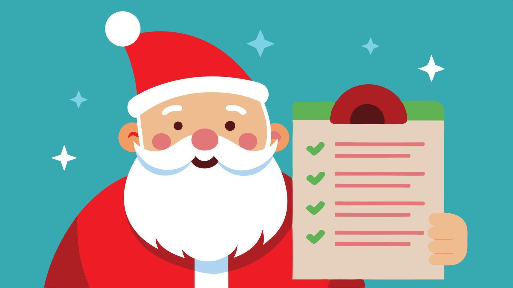 Santa Claus holds a checklist of gifts while surrounded by a festive atmosphere, emphasizing his joyful preparations for Christmas celebrations vector