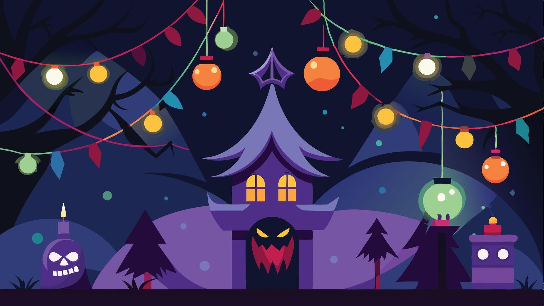 A mystical Halloween-themed setting featuring a spooky house surrounded by colorful lanterns and eerie trees in a dark atmosphere, perfect for celebrating the holiday season vector