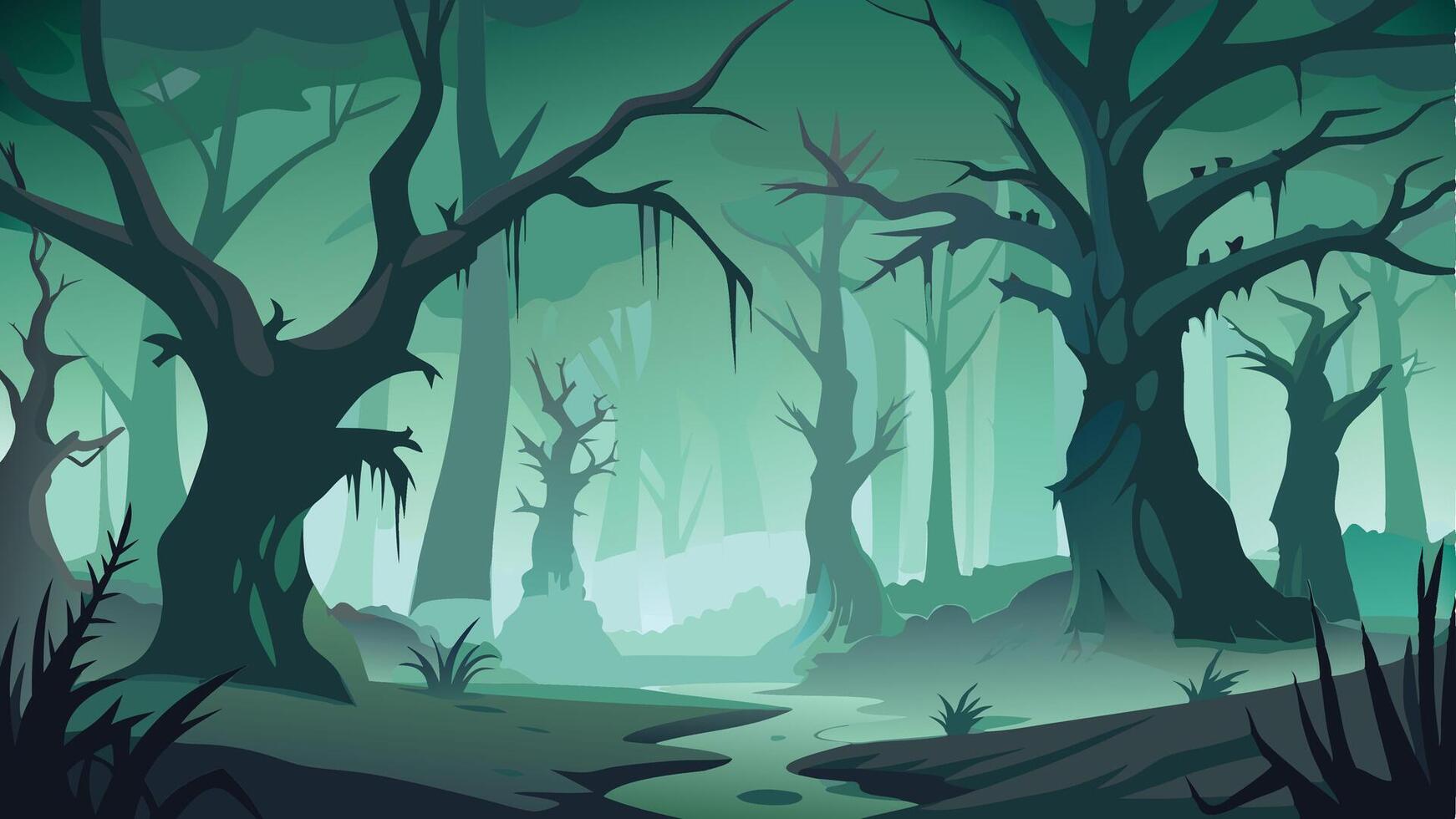 Eerie forest landscape with twisted trees and mysterious glowing eyes during twilight hours creating an atmospheric setting of intrigue and suspense vector