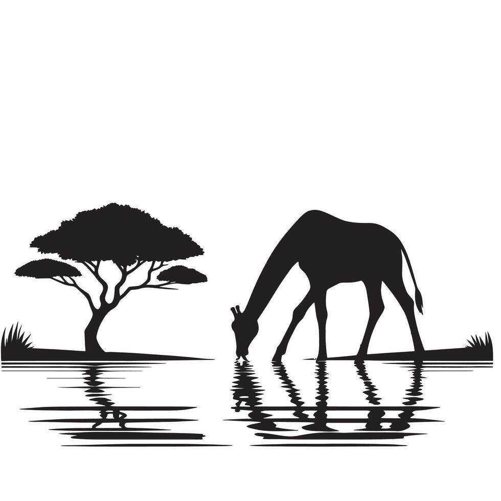 silhouette giraffe drink water on the river vector
