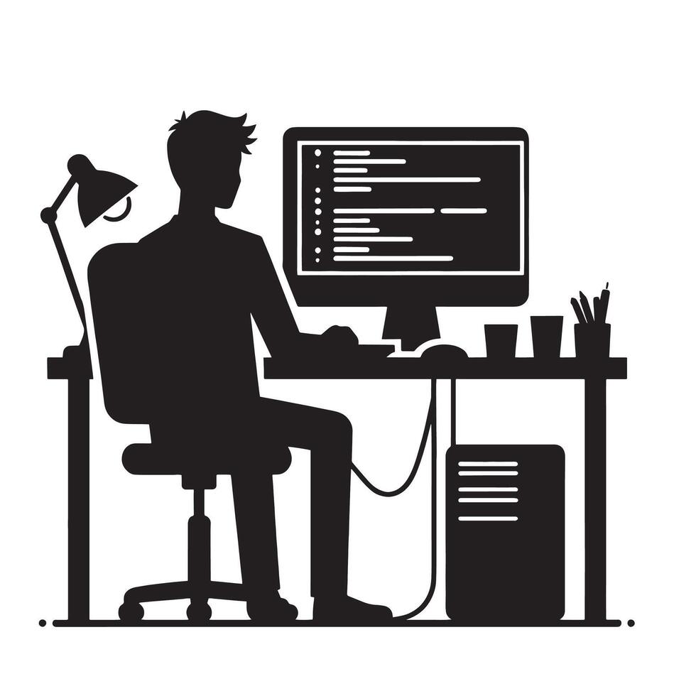 silhouette programmer work on their computer in office vector