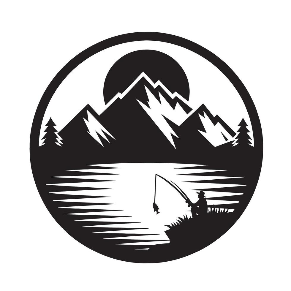 silhouette fisherman fishing on the lake with background mountain vector
