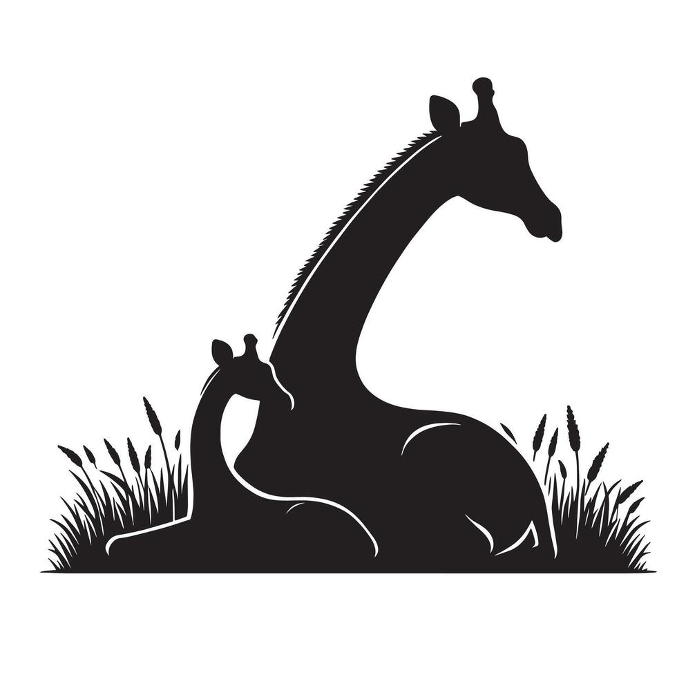 silhouette giraffe lying on the grass vector