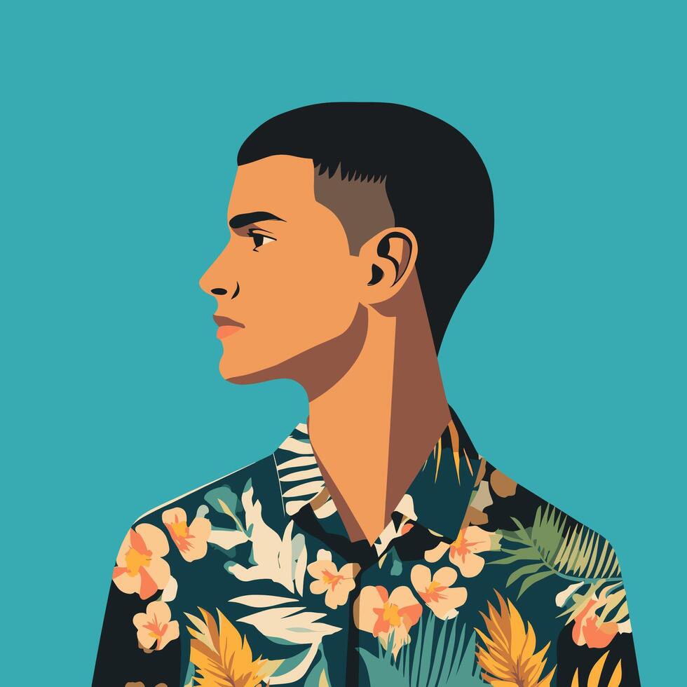 Profile View of a Young Man in a Tropical Shirt vector