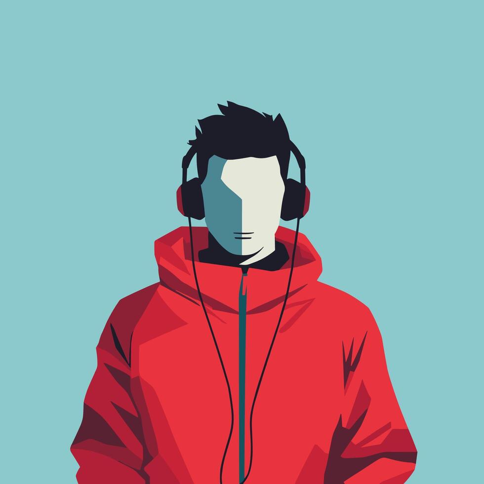 Stylish Man in Red Jacket Listening to Music with Headphones. Illustration. Minimalist Illustration . vector