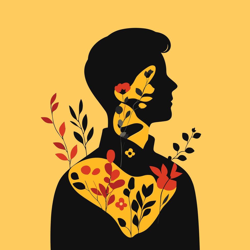 Silhouette with Floral Elements Against Yellow Background. Illustration. Minimalist Illustration . vector