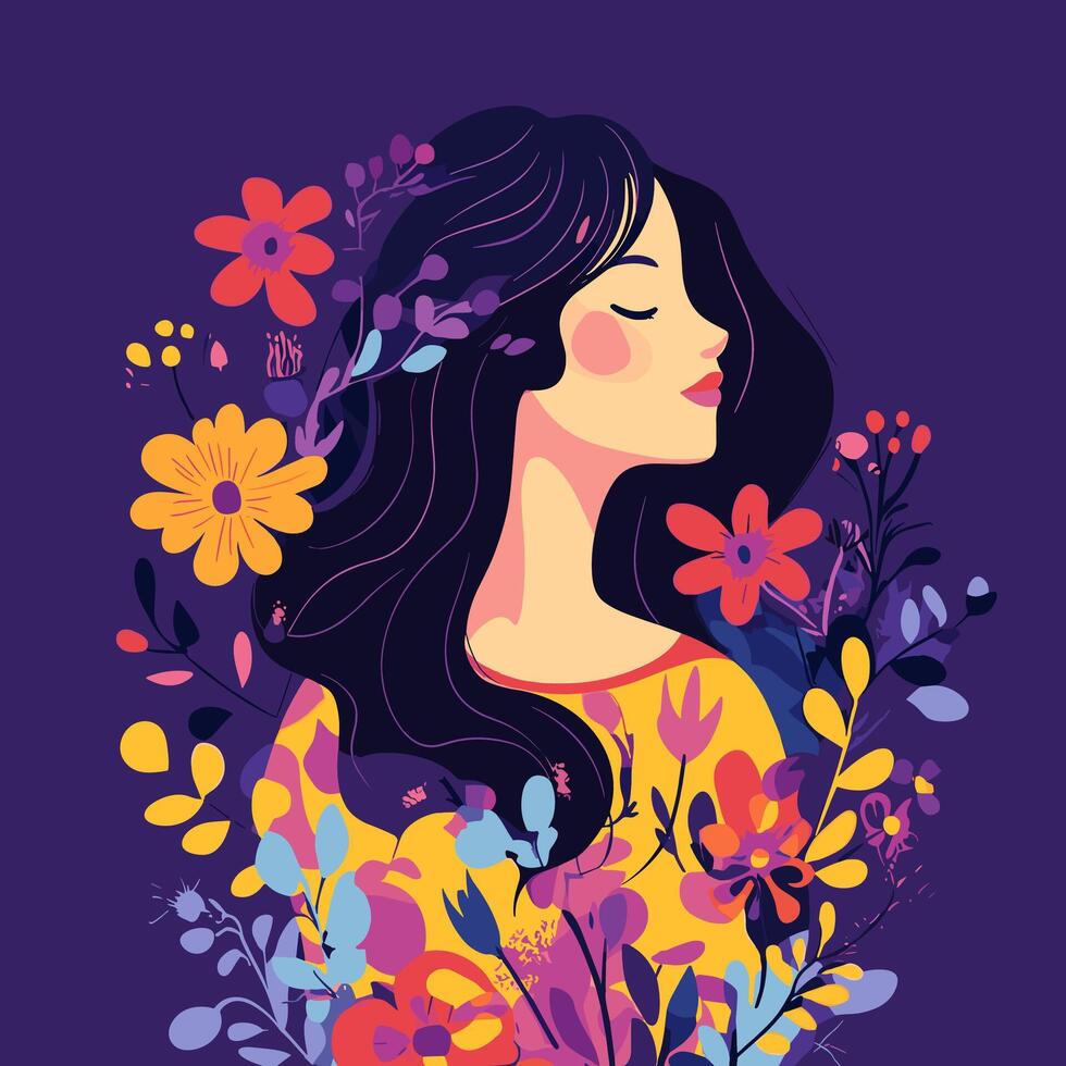 Serene Woman Amidst Vibrant Floral Bloom. A Colorful Portrait vector