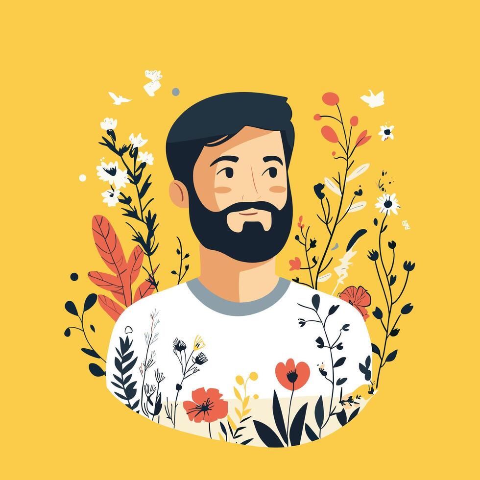 Floral Portrait of a Bearded Man. A Summertime Illustration. Illustration. Minimalist Illustration . vector