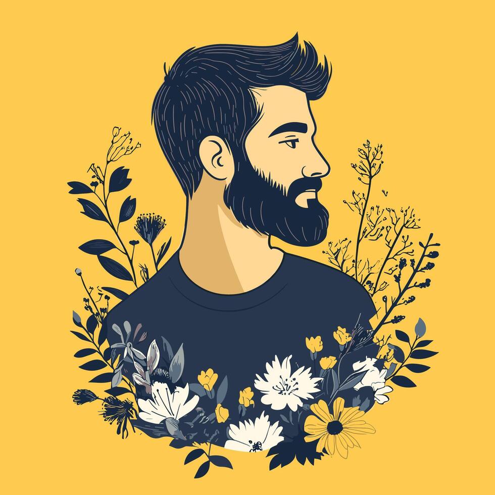Floral Portrait of a Bearded Man in Profile, Yellow Background vector