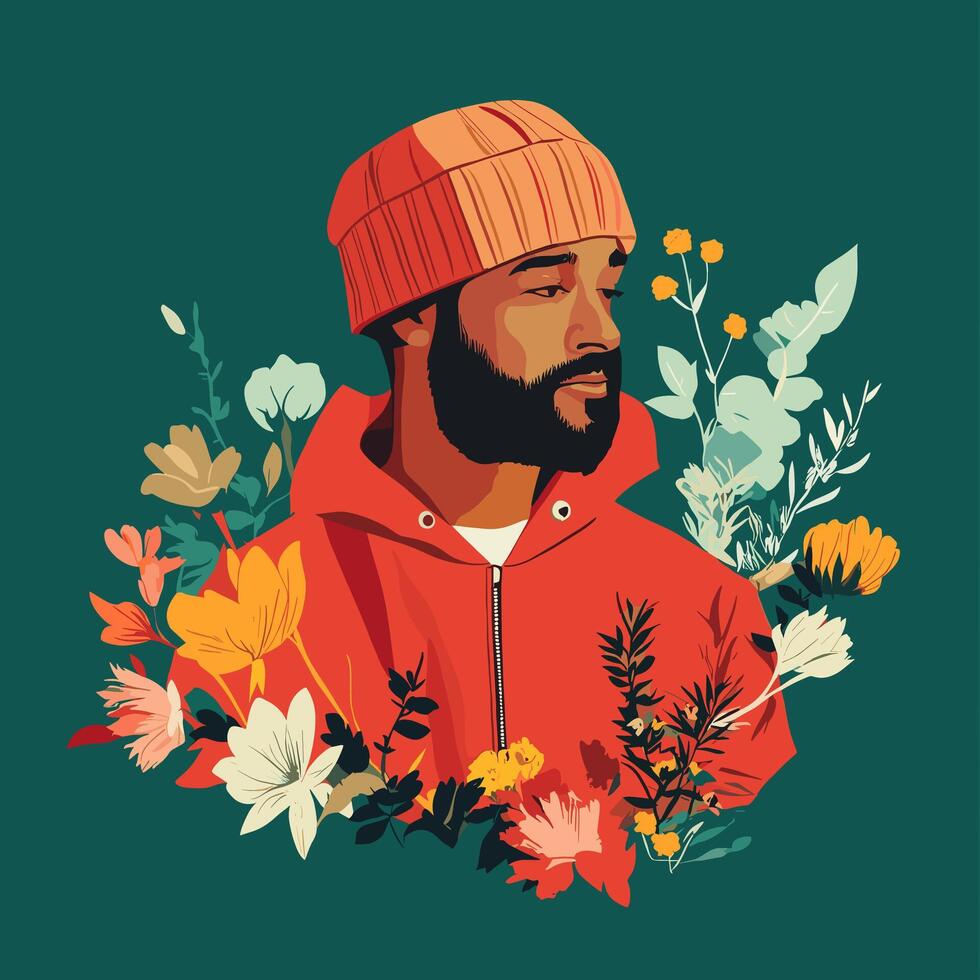 Floral Portrait of a Bearded Man in a Red Hoodie and Knitted Hat vector